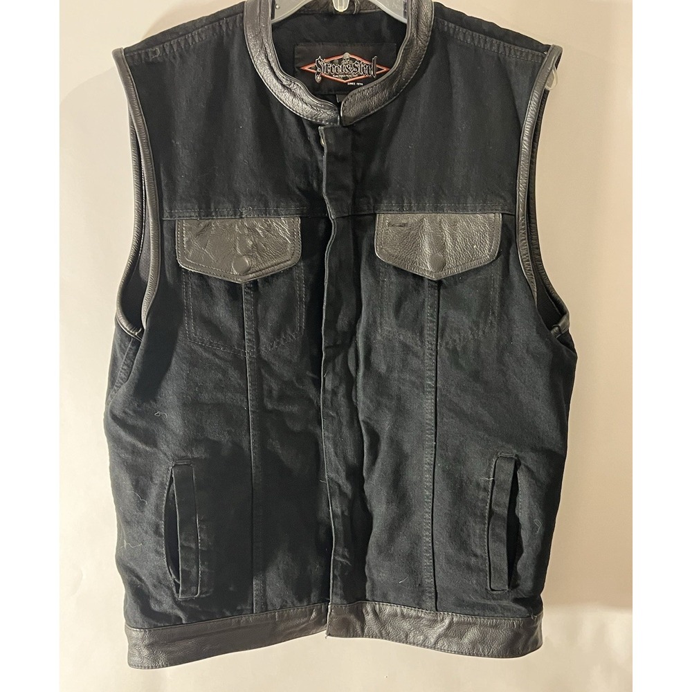 Street & Steel Mens Size Medium Biker Motorcyle Vest Black Denim & Leather